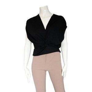 Mango MNG Women's Medium Black Front Knot Shirt S/S Crepe Top Deep V-Neck Blouse